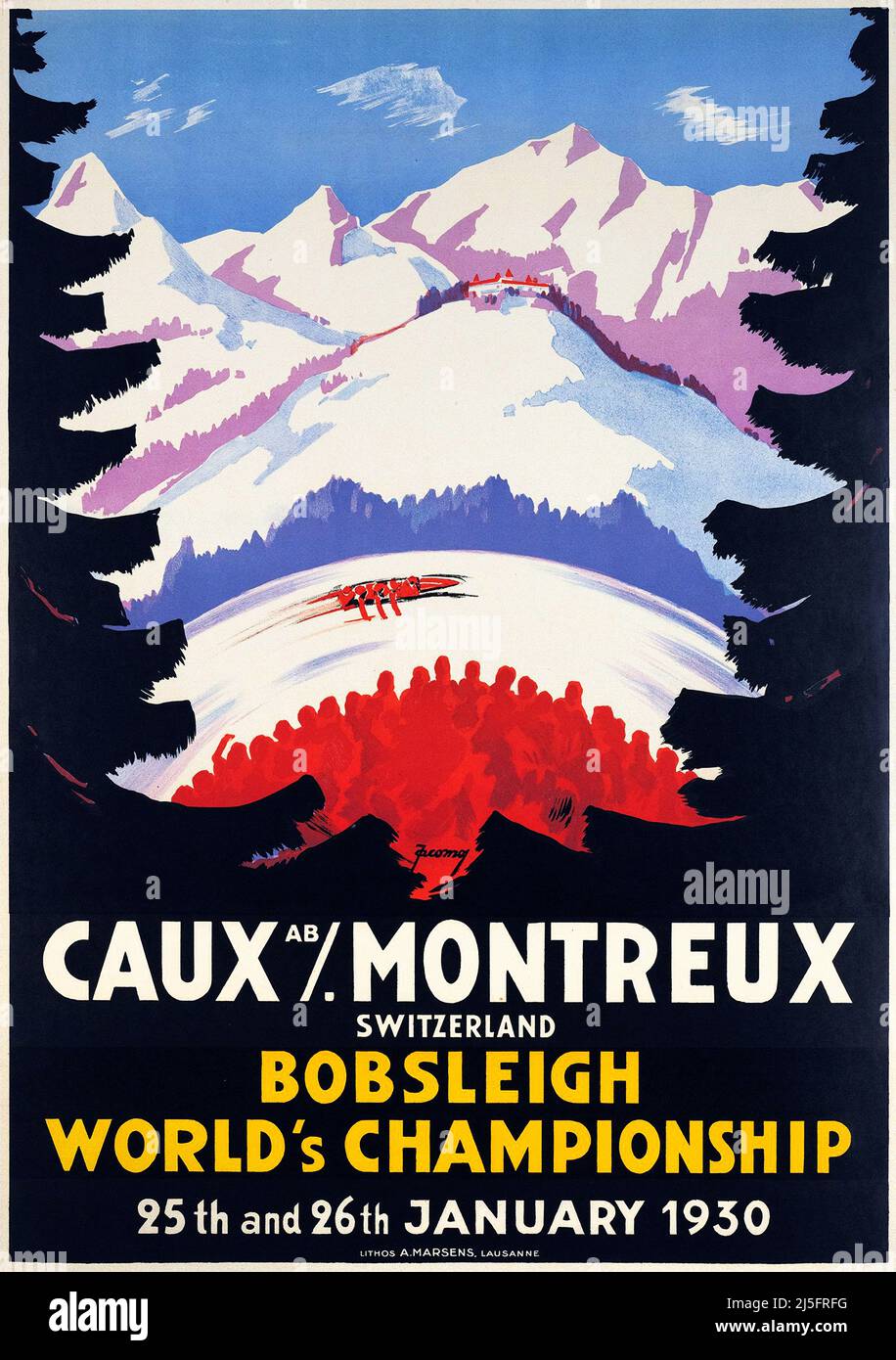 Vintage 1930s Winter Sports Poster - Caux / Montreux Schweiz, Bobsport-Weltmeisterschaft, 25.. Und 26.. Januar 1930 Jacomo MULLER 1930 Stockfoto