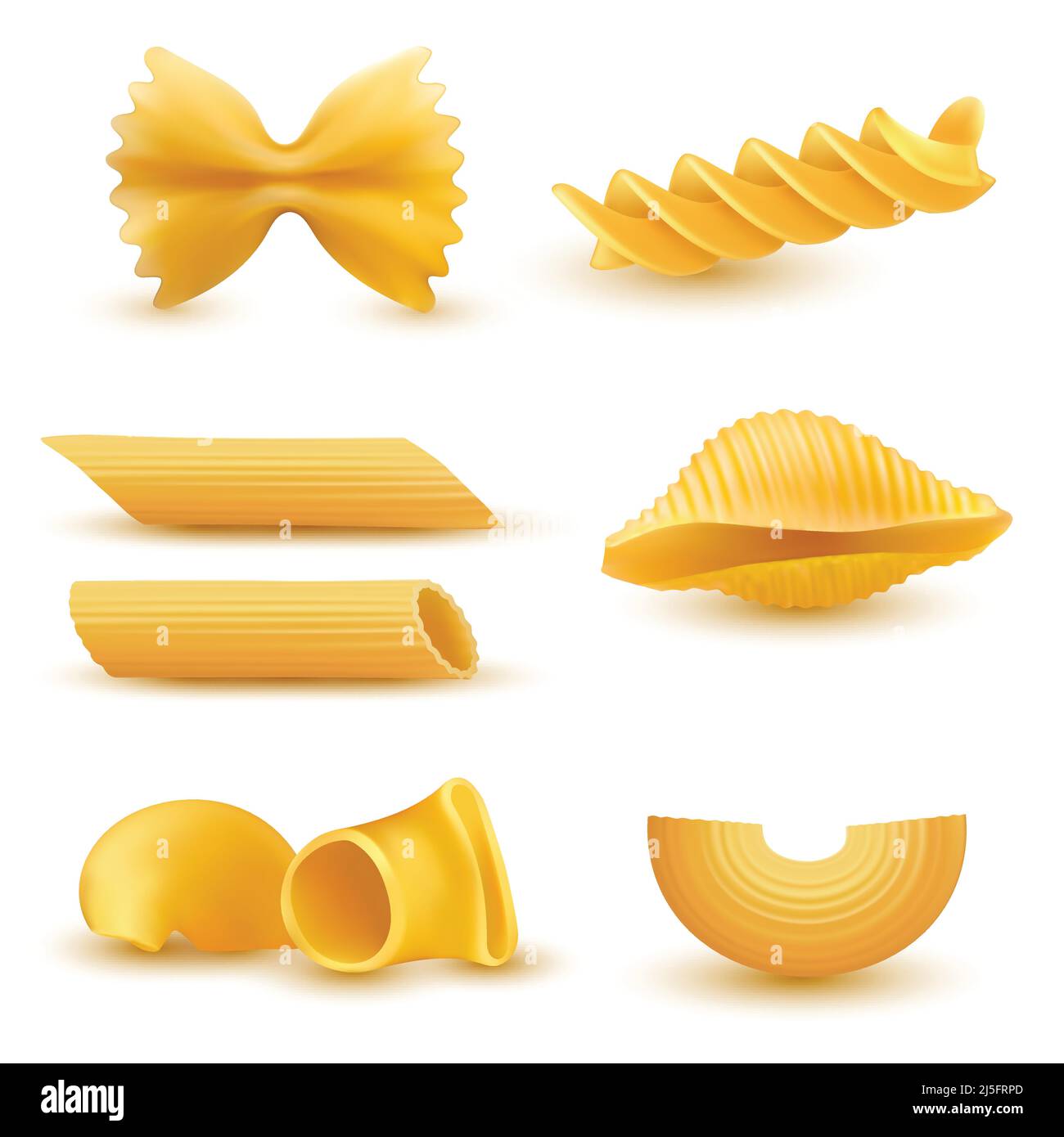 Vektor-Illustration Set von realistischen Ikonen von trockenen Makkaroni verschiedener Art, Pasta, Fusilli, conchiglio, rigatoni, farfalle, Penne isoliert auf weißem b Stock Vektor