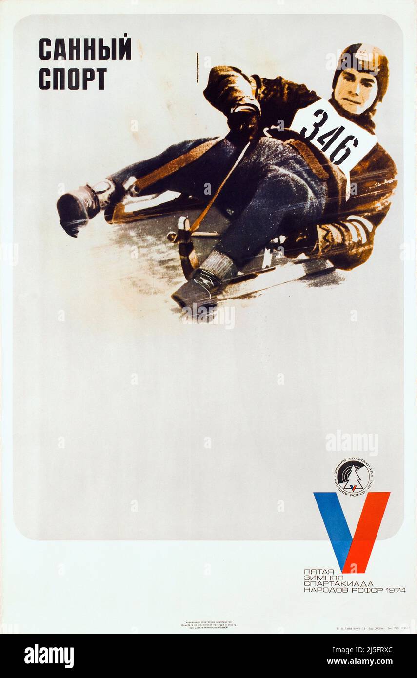 VINTAGE 1970s USSR Wintersport POSTER Luge, 5e Spartakiade des peuples de l'URSS S.N. 1974 Stockfoto