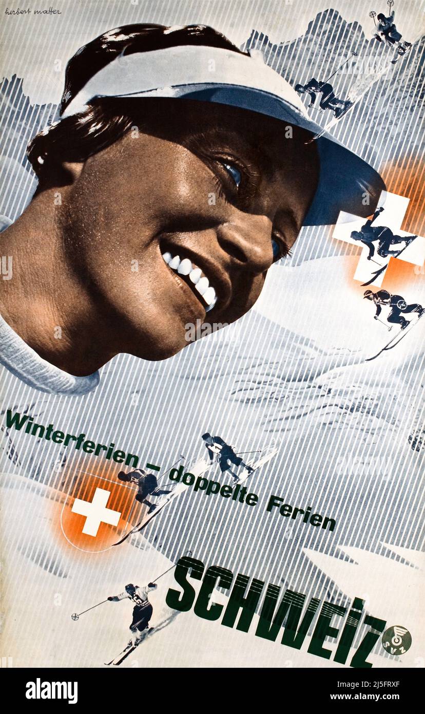 Vintage 1930s Swiss Ski Poster -Winterferien - doppelte Ferien, Schweiz Herbert MATTER 1934 Stockfoto
