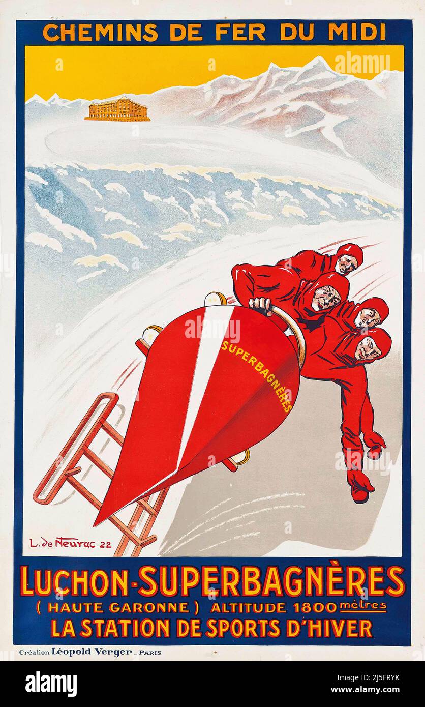 Vintage 1930s Französisches Plakat für den Wintersport - Superbagneres Luchon - Pyrénées Stockfoto