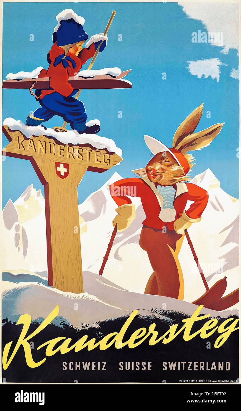 Vintage 1930s Winter Sports Poster - KANDERSTEG, von Willy Trapp Künstler Rabbit und Junge auf dem Weg zum Skifahren Stockfoto