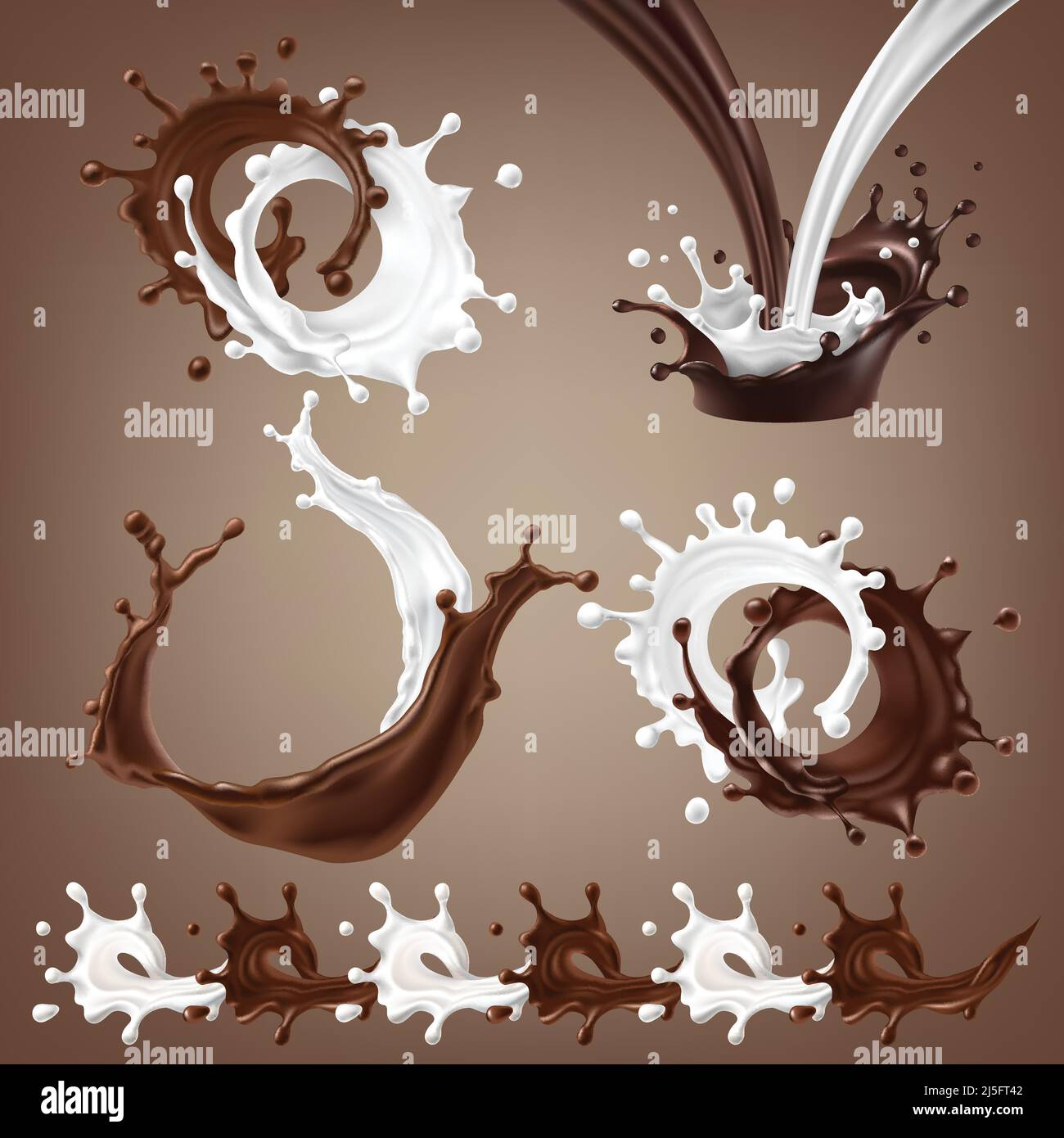 Set-Vektor 3D Abbildungen, Spritzer und Tropfen geschmolzener dunkler Schokolade und Milch, dynamische Spritzer heißen Kaffees und Milchfluss gemischt. Drucken, Vorlage Stock Vektor