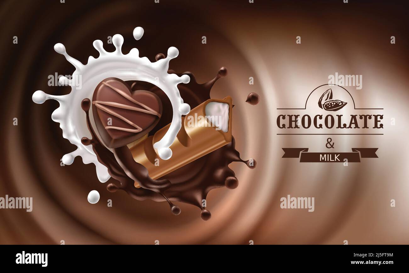 Vector 3D realistische Illustration, Spritzer von geschmolzener Schokolade und Milch mit fallenden Stück Schokolade und Süßigkeiten.Design der Verpackung für Chocolat Stock Vektor