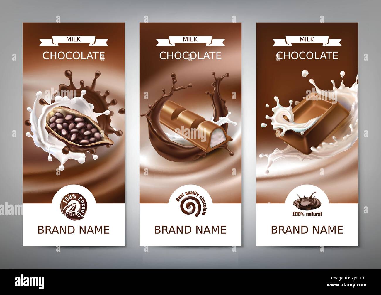 Set von Vektor 3D realistische Illustrationen, Banner mit Spritzern von geschmolzener Schokolade und Milch mit fallenden Stücken von Schokoladen-Bars, Kakaobohnen. Milch Stock Vektor