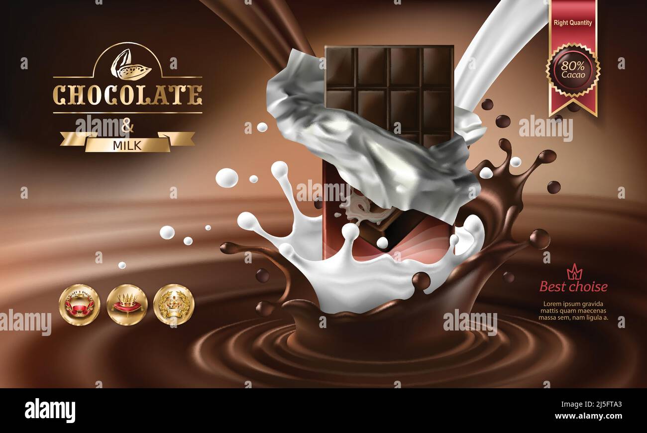 Vector 3D realistische Illustration, Spritzer von geschmolzener Schokolade und Milch mit fallenden Schokoladen-Riegel. Ausgezeichnetes Werbeplakat für die Förderung der Elite d Stock Vektor