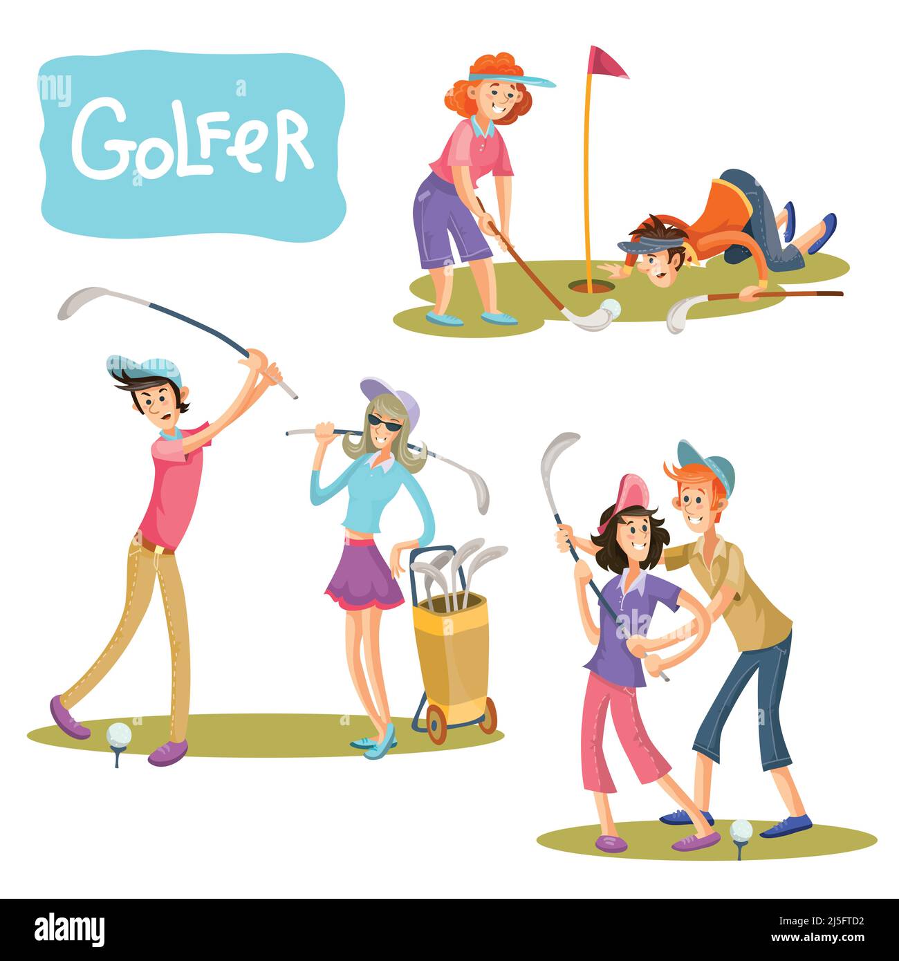 Set von Vektor-Illustrationen von Golfspielen. Ein Mann und ein Mädchen auf einem Spielfeld mit Stöcken für einen Golfspieler im Cartoon-Stil isoliert auf weißem Rücken Stock Vektor