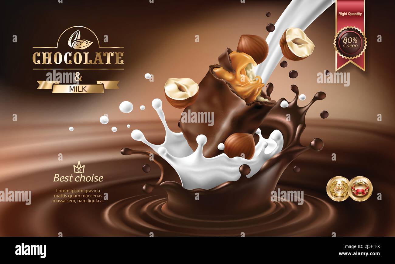 Vector 3D realistische Illustration, Spritzer von geschmolzener Schokolade und Milch mit fallenden Stück Schokolade und Haselnüssen. Schokoladenriegel Verpackung des Stock Vektor