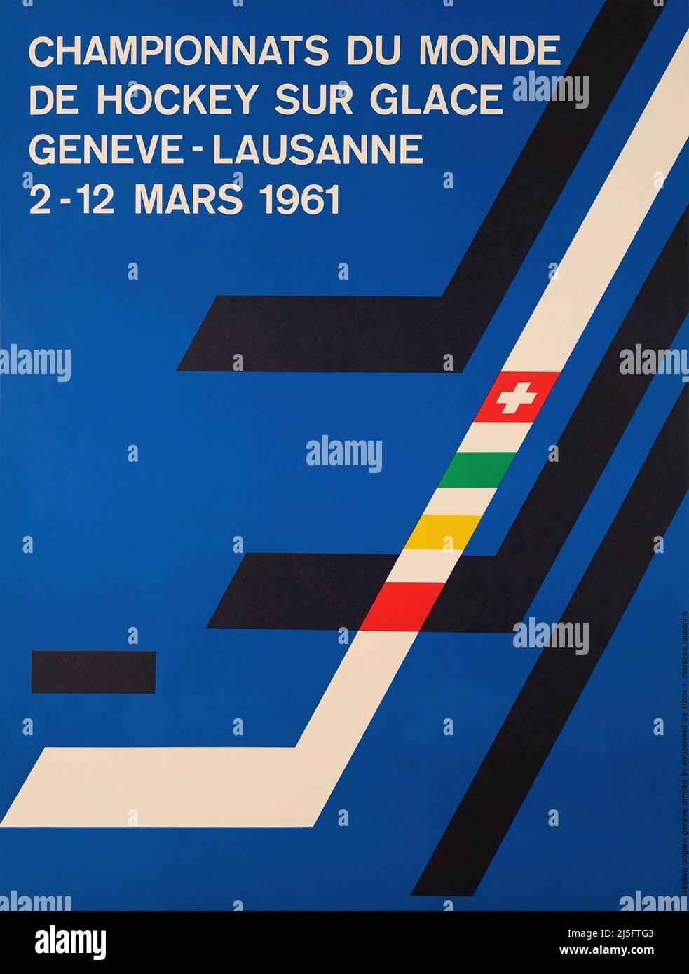 Vintage Ice Hockey Poster Championnats du Monde de Hockey sur Glace, Genève - Lausanne, 2 - 12 Mars 1961 Lucien & Jean ONGARO 1961 Stockfoto