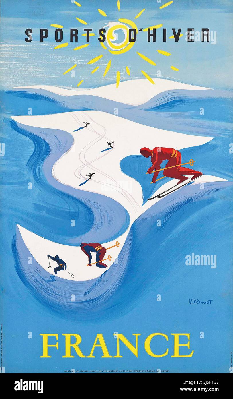 Vintage 1940s Winter Sport Poster – Retro-Stil, Skifahren: Französisches Reiseposter (French Tourism Board, 1948). „Wintersport.“ Kunstwerk: Bernard Villemot Stockfoto