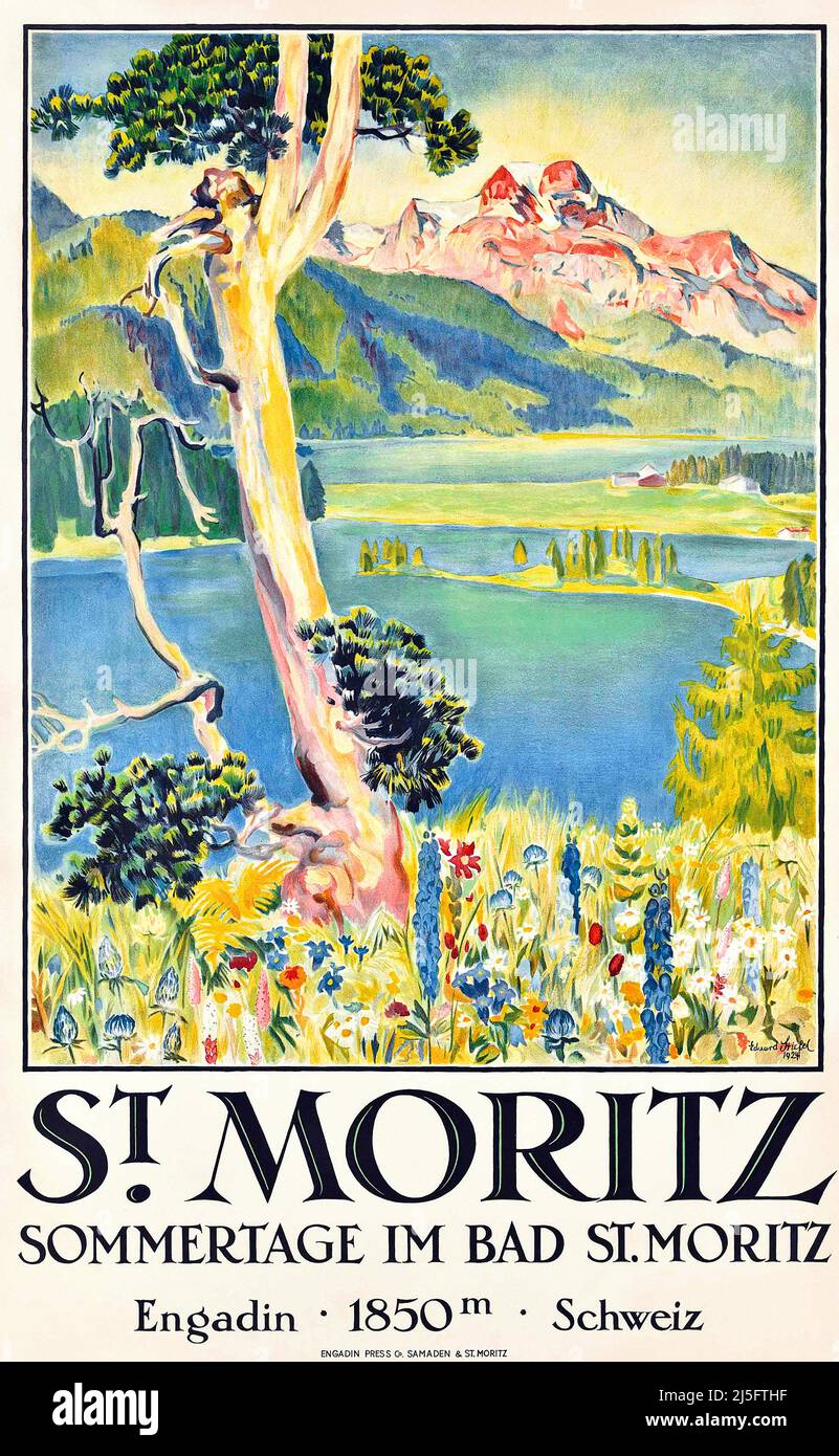 Vintage 1920er Jahre Lithographie Travel Poster St Moritz von Edward Stiefel . St. Moritz ( Sankt Moritz, San Murezzan, San Maurizio, Saint-Moritz Stockfoto