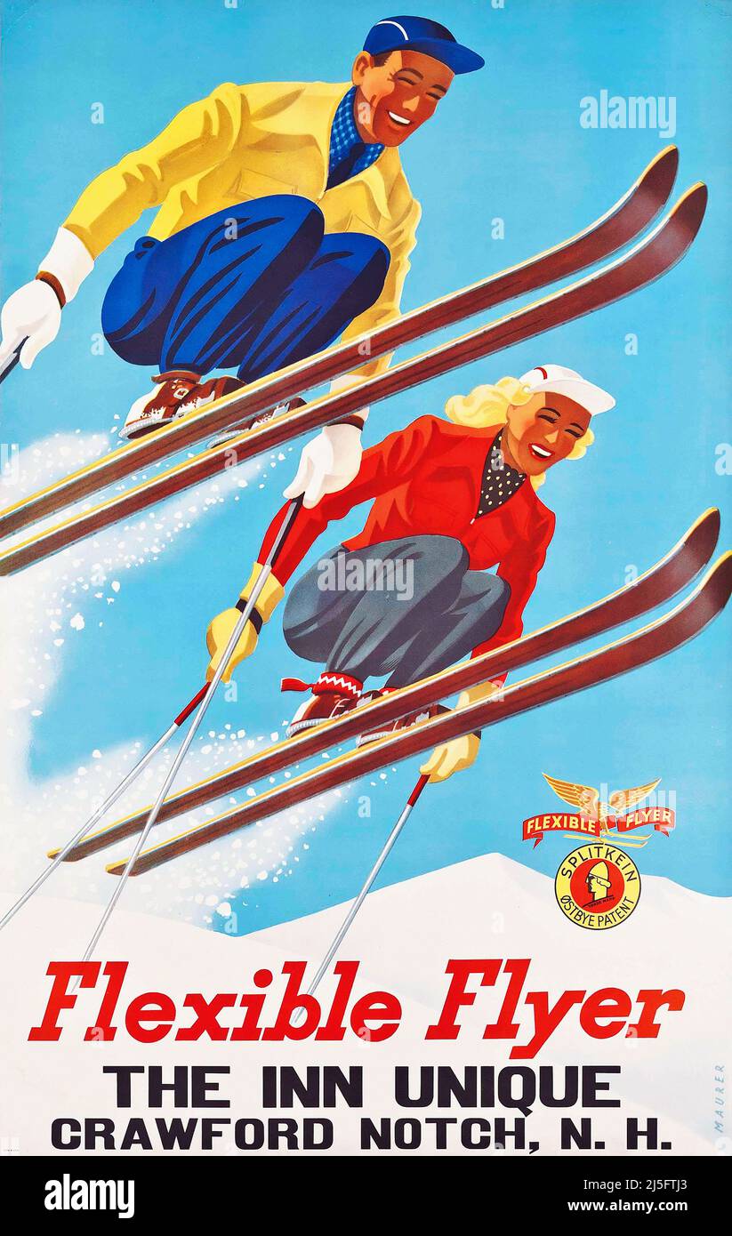 Vintage American Ski Poster - Flexible Flyer - The Inn Unique - Crawford Notch - New Hampshire Stockfoto