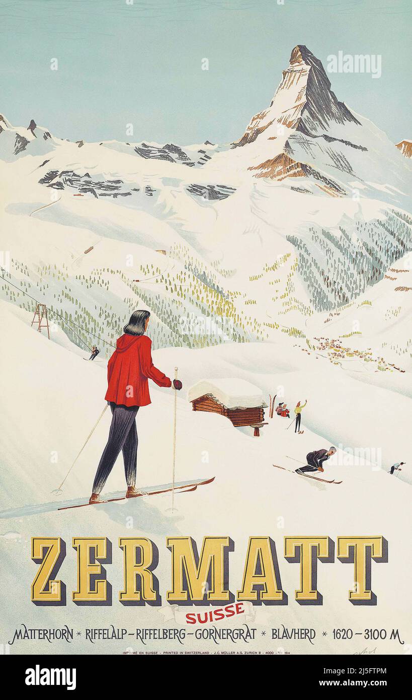 Vintage 1930s Zermatt Ski-Plakat mit Matterhorn hinter der Schweiz der 30er Jahre Stockfoto