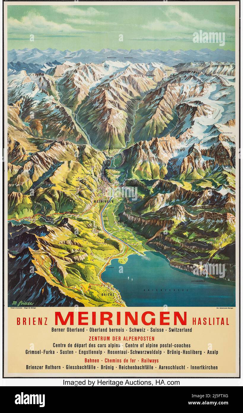 Vintage 1960s Switzerland Travel Poster - Meiringen, Schweiz (1960). Max Bieder-Grafik. Stockfoto