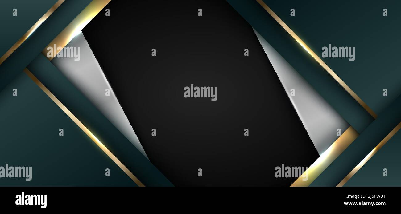 Abstract 3D grün und weiß Streifen Dreiecke Formen mit glänzenden goldenen Linien Lichteffekt auf schwarzem Hintergrund Banner Vorlage Luxus-Stil. Vektor-il Stock Vektor