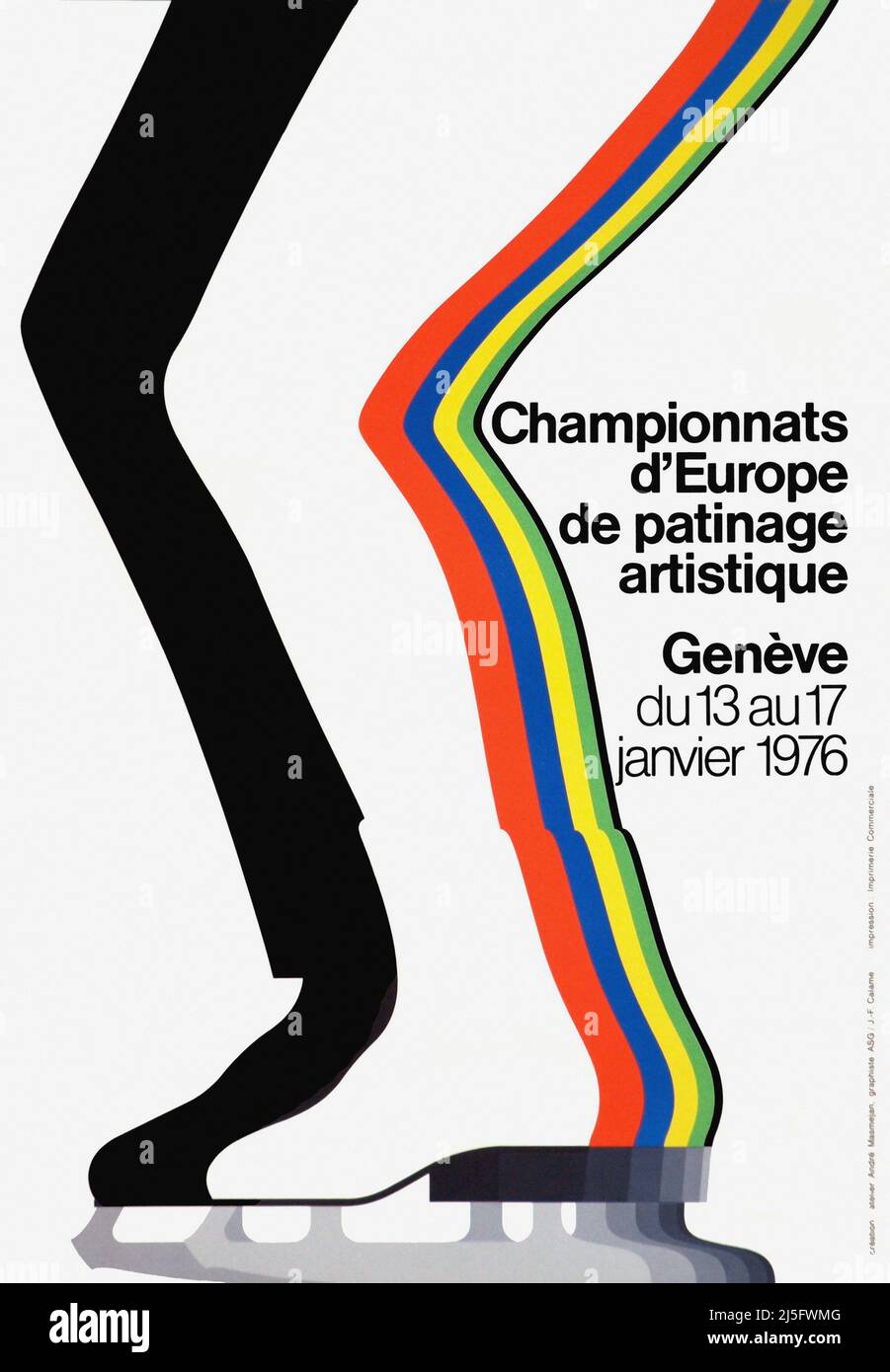 VINTAGE 1970s Ski Poster Genève, Championnats d'Europe de Patinage 1976. J.F CALAME ANDRÉ MASMEJAN 1976 Stockfoto