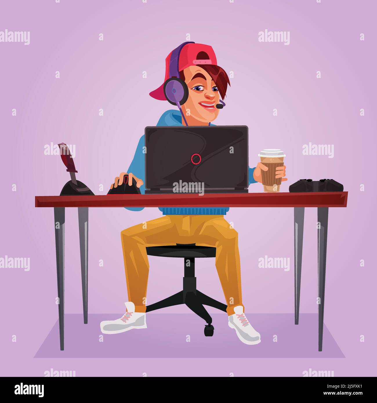 Vektordarstellung eines Teenagers, der an einem Laptop sitzt und das Spiel spielt Stock Vektor