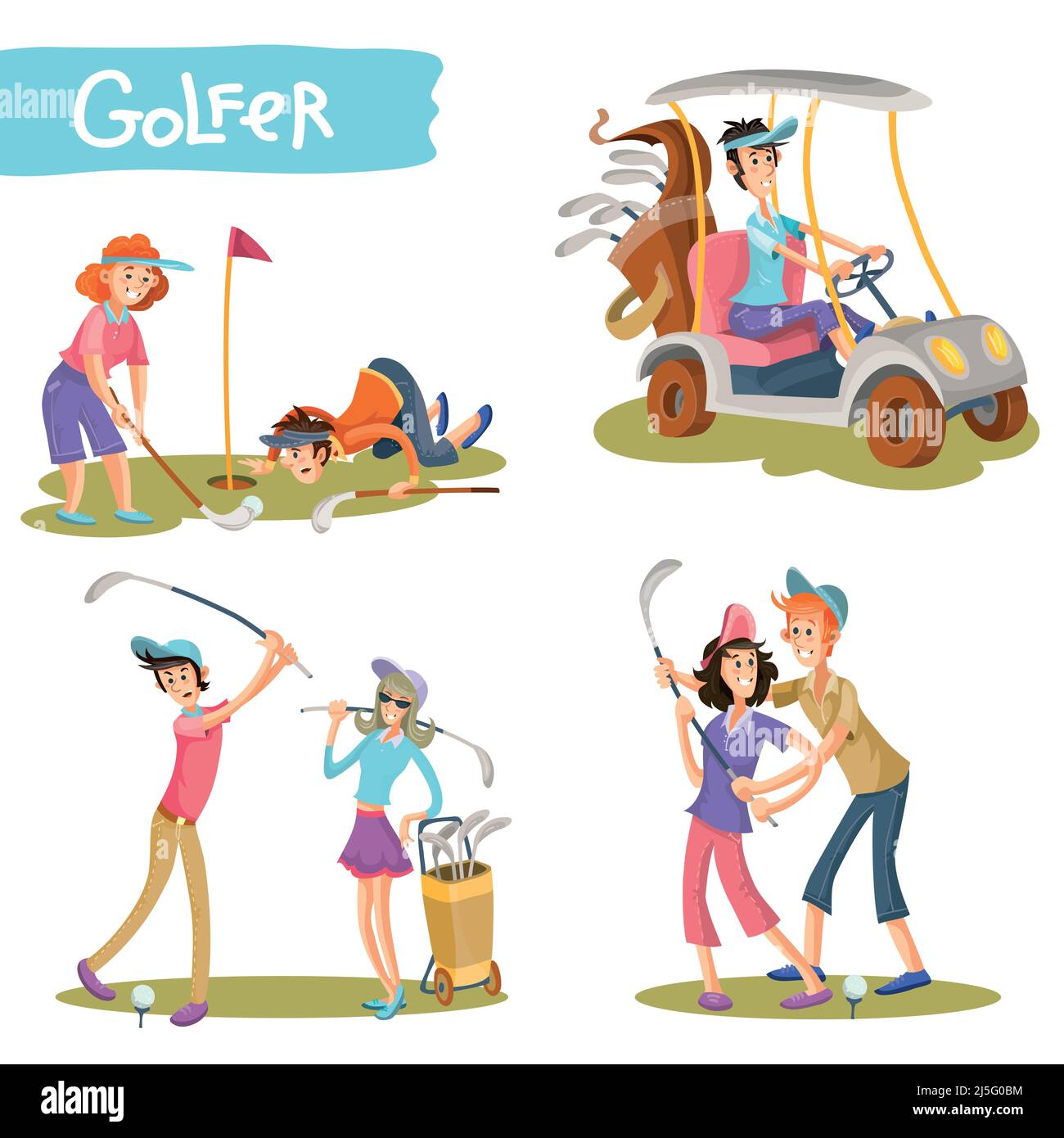 Satz von weiblichen und männlichen Golfern Cartoon-Figuren spielen Golf, lernen halten Stock, schlagen Ball, fahren Golf Auto Vektor-Illustration isoliert auf wh Stock Vektor