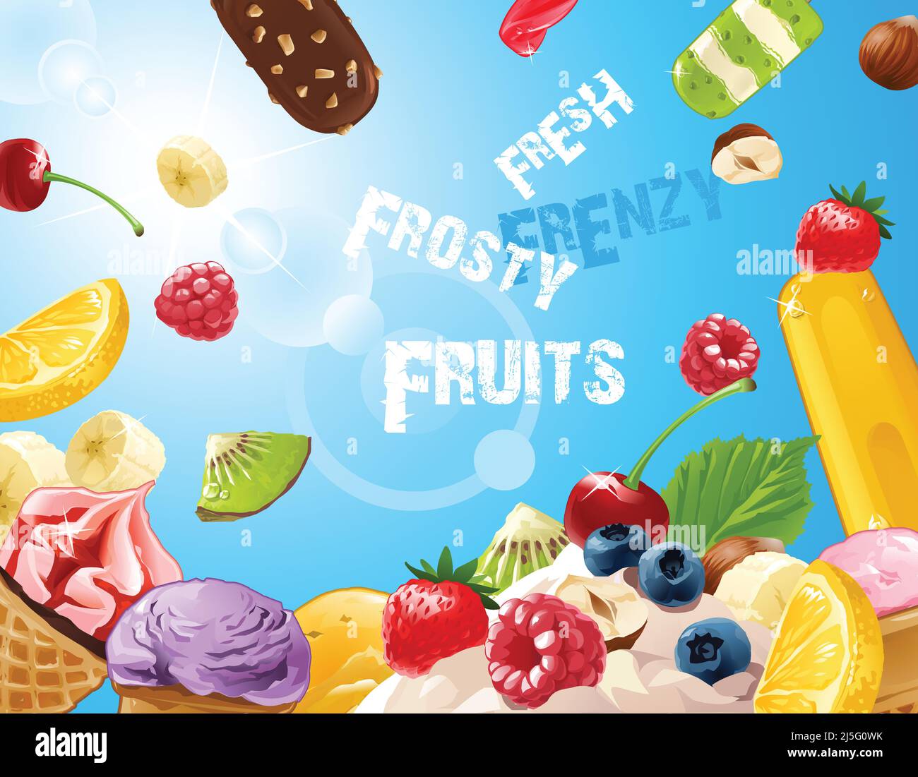Vektor Hintergrund leckeres Eis mit Erdbeeren, Himbeeren, Heidelbeeren, Banane, Kiwi, Zitrone, Nüsse und Schokolade Stock Vektor