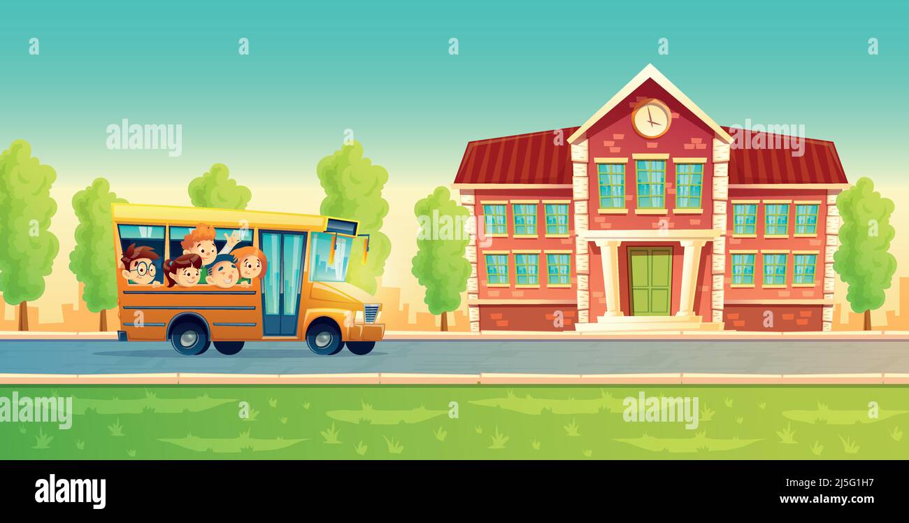 Vektor-Cartoon bunten Hintergrund mit fröhlich lächelnden Kindern, glückliche Schüler, Reiten auf gelben Bus. Zurück zur Schule Konzept Illustration. Poster mit gr Stock Vektor