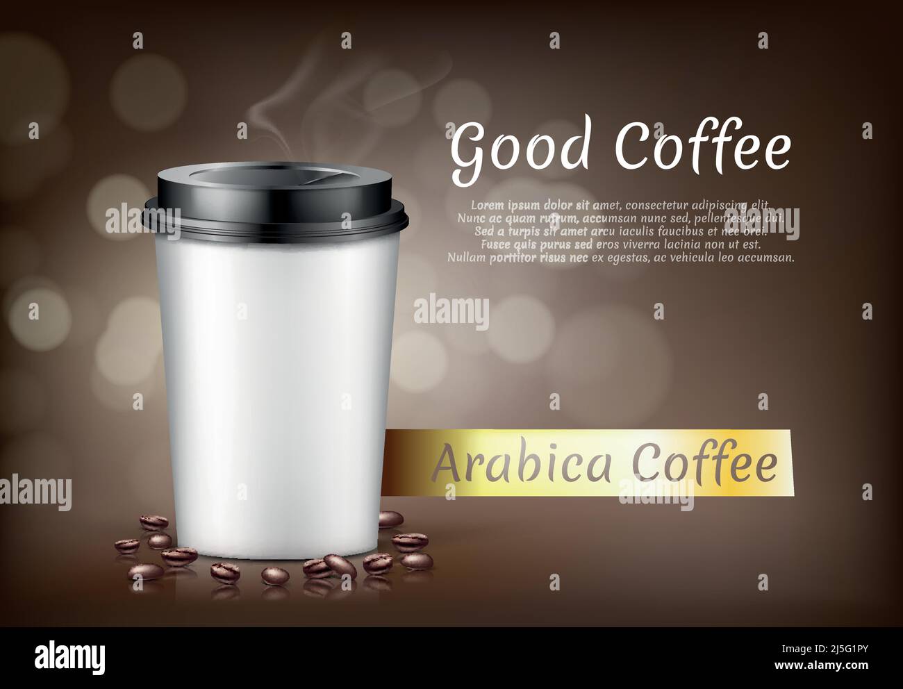 Vector realistisches Banner mit einer Tasse arabica-Kaffee zum Mitnehmen und Bohnen, Karton-Behälter für heiße Getränke zum Mitnehmen. Plastikbecher mit Deckel auf braunem Boden Stock Vektor