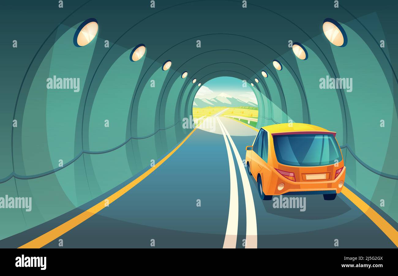 Vektor-Illustration von Tunnel mit Auto, Autobahn für Fahrzeug. Grauer Asphalt mit Beleuchtung in unterirdischer Straße. Hatchback-Fahrten für Picknick auf dem Land Stock Vektor
