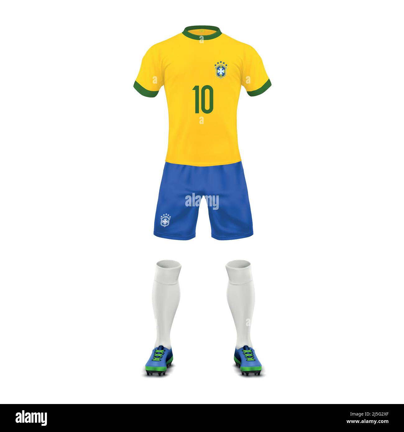 Vektor realistische Fußballuniform einer brasilianischen Mannschaft, Satz von Sportbekleidung, Hemd, Shorts, Socken und Stiefel, isoliert auf dem Hintergrund. Nachbau des brasilianischen Fußes Stock Vektor