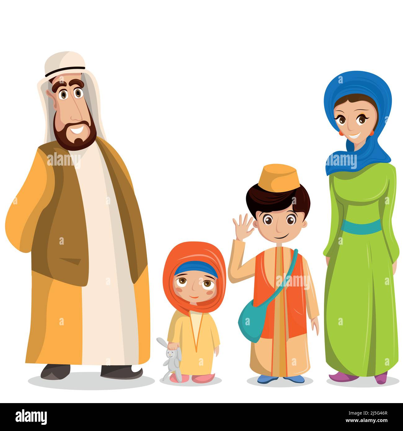 Vector arabische Familie in nationaler Kleidung. Eltern, Kinder in muslimischen Kostümen, islamische Kleidung. Menschen in Hijab, Turban, Schädelkappe, Robe. Glücklich araber Stock Vektor