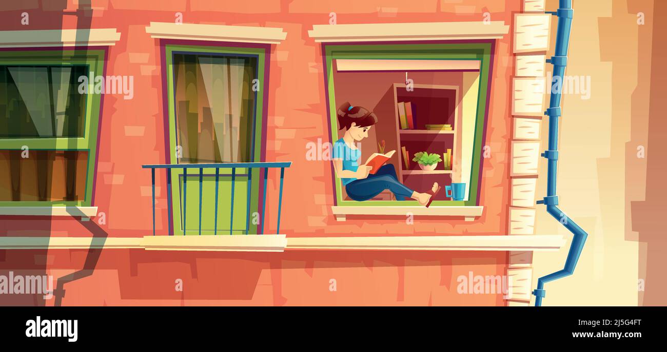 Vektor-Illustration Abschnitt der Gebäudefassade mit Mädchen, das Buch auf dem Fenster der mehrstöckigen Wohnung, Gebäude außerhalb Konzept zu lesen. Leser, d Stock Vektor