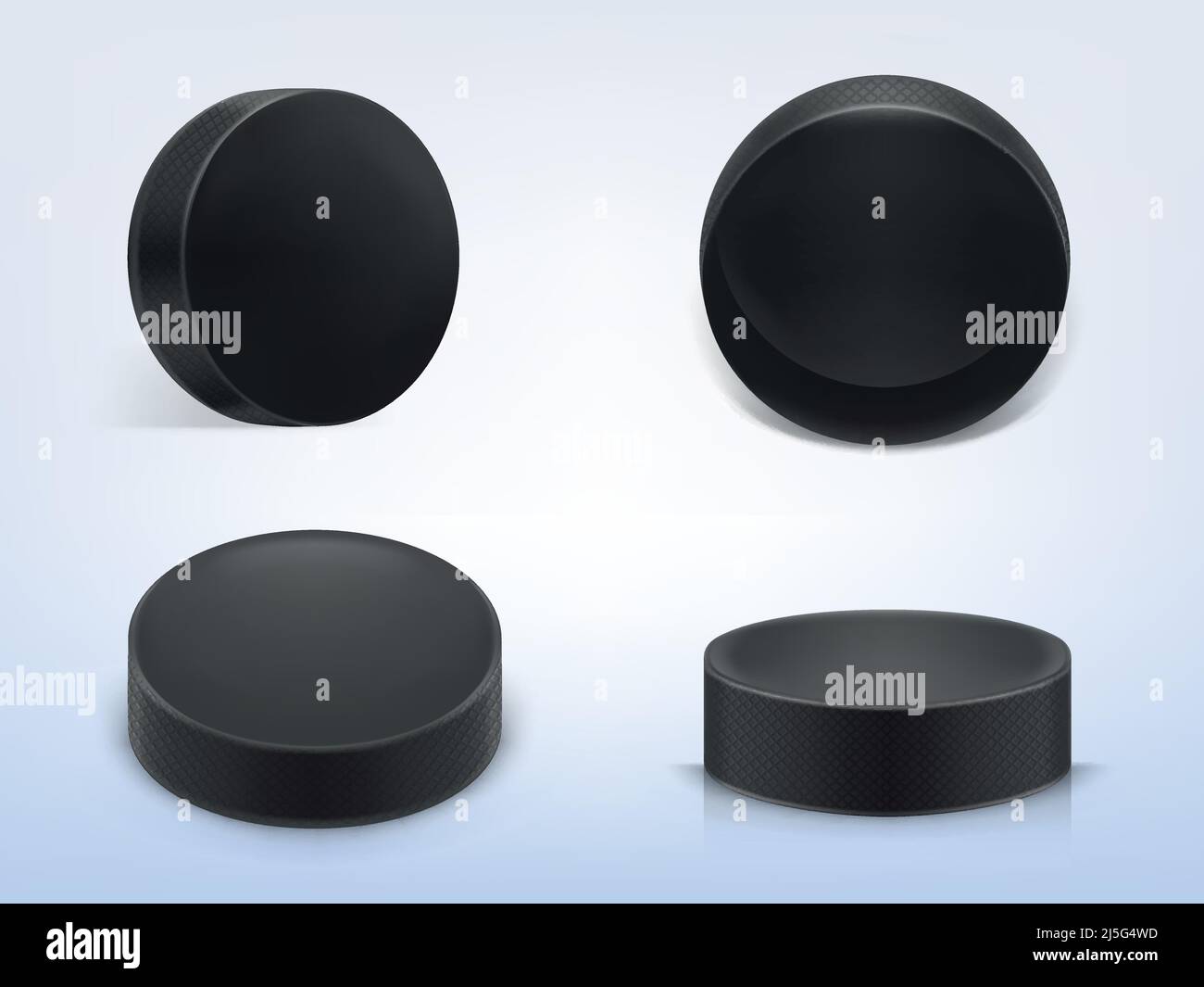 Vektor-Set von 3D realistische schwarze Gummipucks für Eishockey spielen isoliert auf hellem Hintergrund. Sportausrüstung, harte runde Scheibe, Inventar für den Winter Stock Vektor