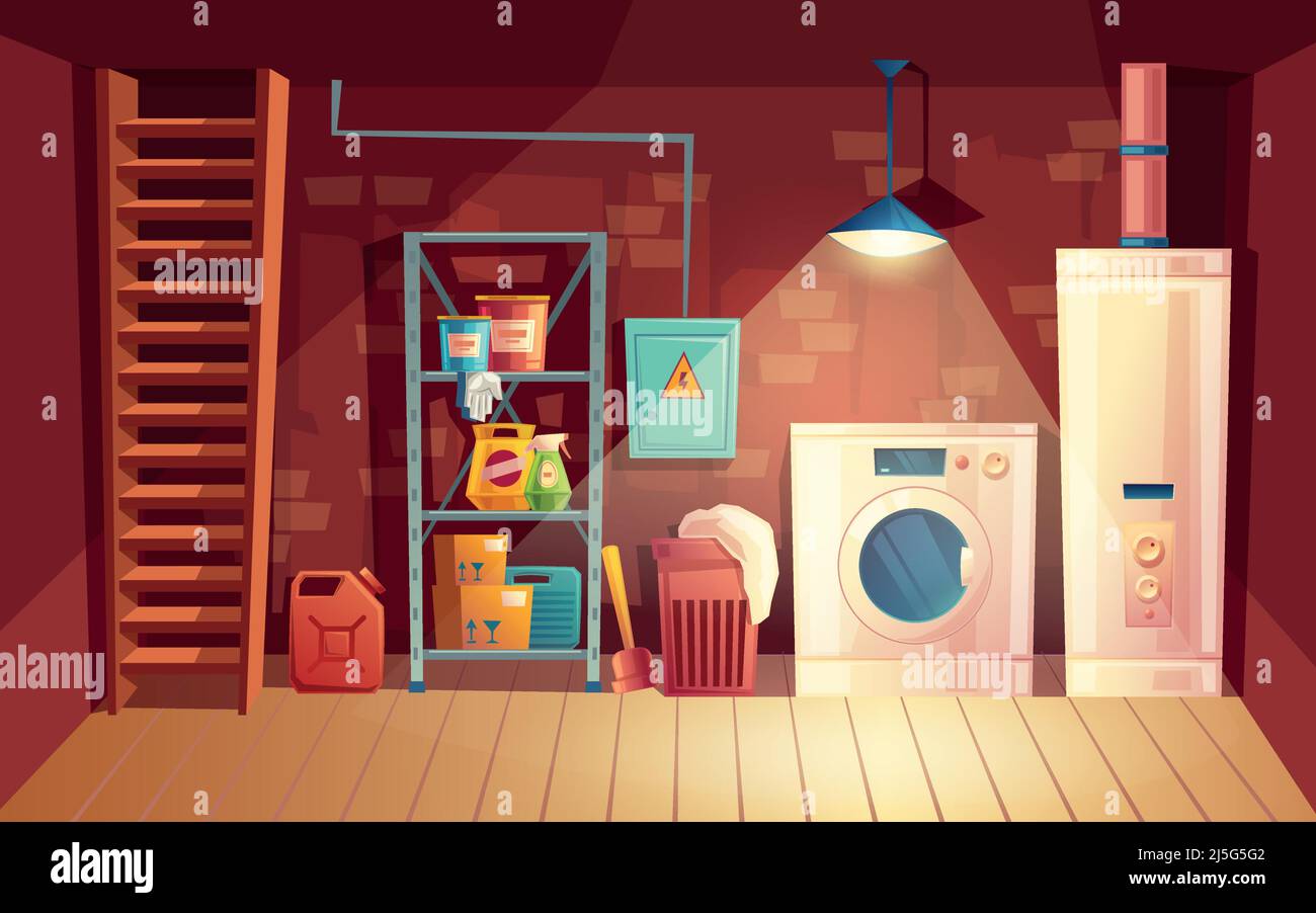 Vector Keller Innenraum, Wäsche im Keller in Cartoon-Stil. Lagerung mit Regalen, Möbeln, Geräten - Waschmaschine, Heizung. A Stock Vektor