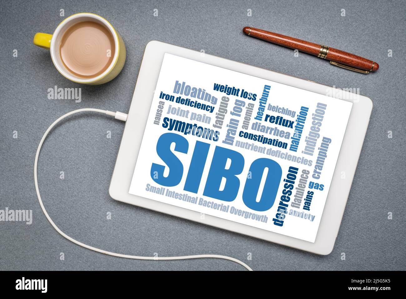 SIBO (kleine intestinale bakterielle Überwucherung) Symptome - Wortwolke auf einer digitalen Tablette, flach liegend mit einer Tasse Kaffee, Darmgesundheitskonzept Stockfoto