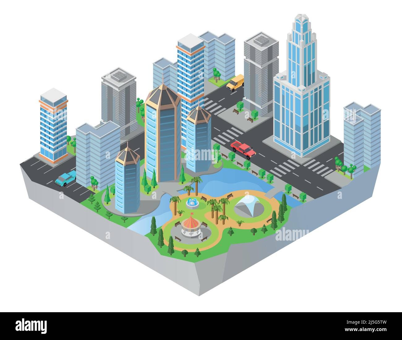 Vector 3D isometrische Stadt, Innenstadt mit modernen Wohngebäuden, Wolkenkratzern, Straßen, Park. Stadtbild, Stadtplan, zentraler Stadtteil mit Business Stock Vektor