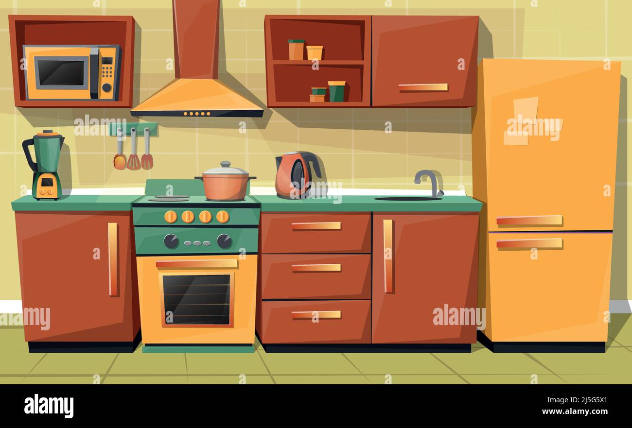Vector Cartoon Satz Küchentisch mit Geräten - Kühlschrank, Mikrowelle, Wasserkocher, Mixer, Herd mit Auspuff. Schrank, Möbel mit Utensil. Stock Vektor