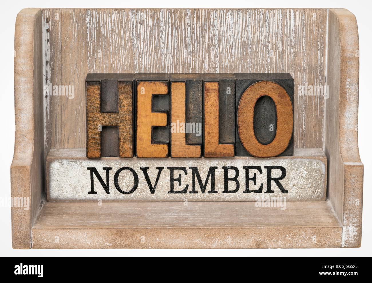 Hallo November im Vintage-Buchdruck Holzart innen Grunge Holzkiste, Kalenderkonzept Stockfoto