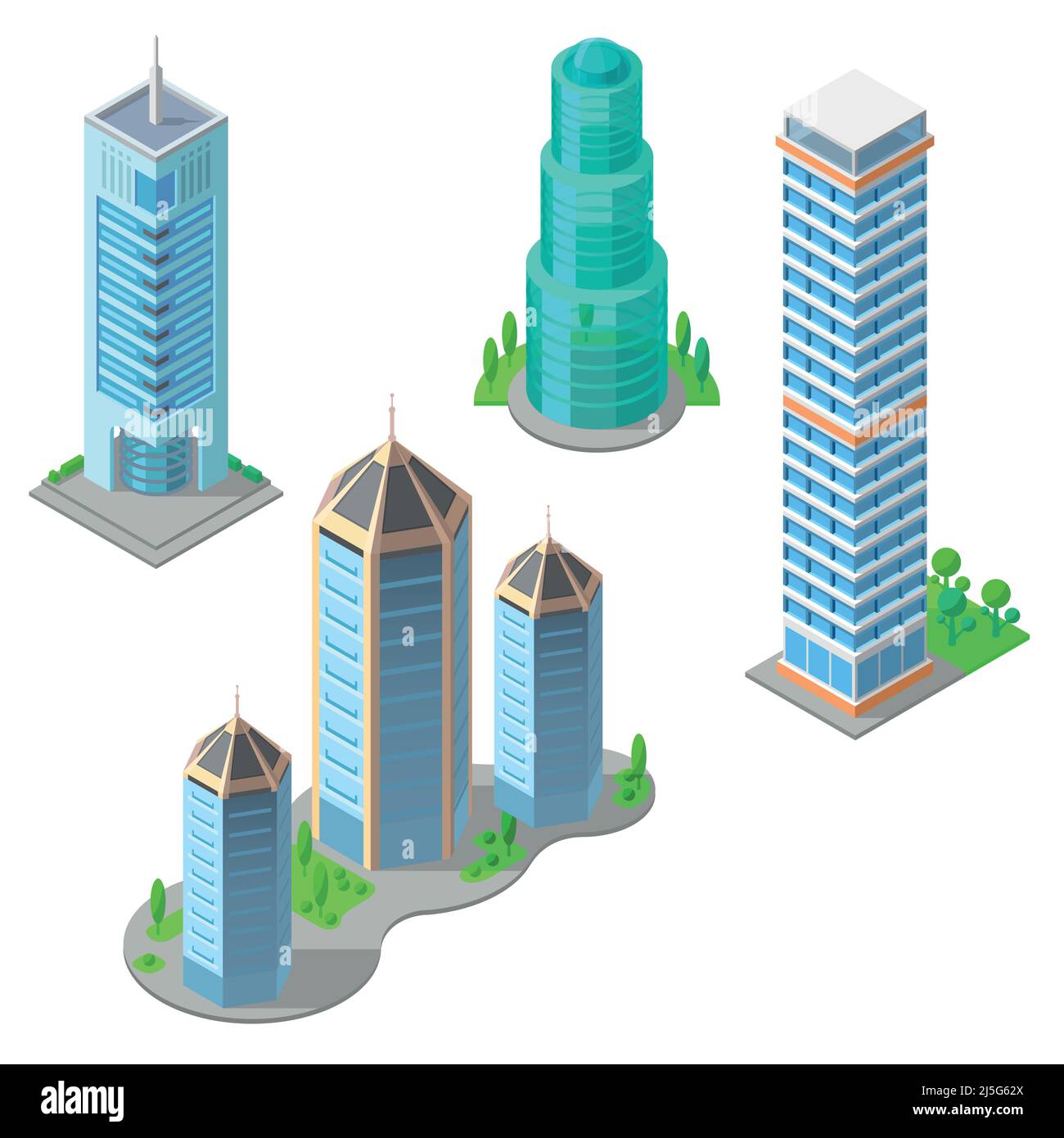 Vektor isometrische Reihe von modernen Gebäuden, städtischen Wolkenkratzern, hohe Business-Türme, Wohn mehrstöckigen Gebäuden isoliert auf dem Hintergrund. Archi Stock Vektor