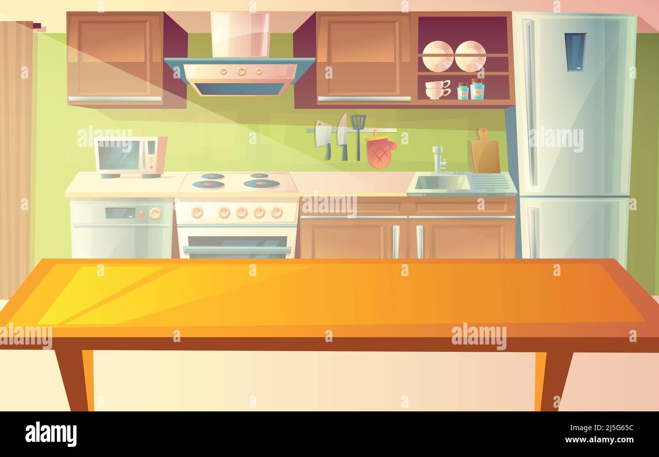 Vector Cartoon Illustration der gemütlichen modernen Küche mit Esstisch und Haushaltsgeräten, Kühlschrank, Herd, Mikrowelle, Abzugshaube. Komfortabel, cl Stock Vektor