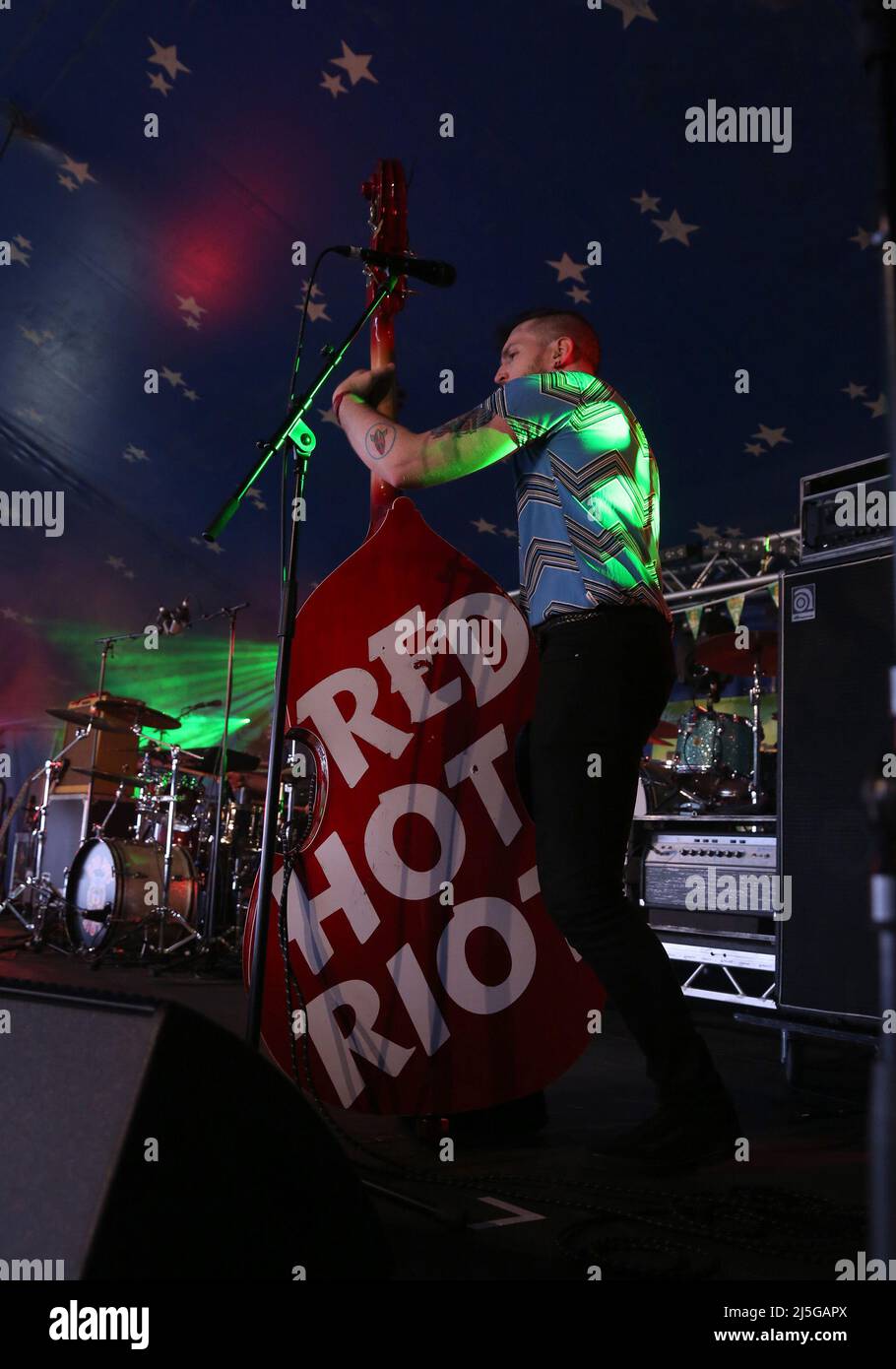 22.. April 2022, Penhallow, Truro, Großbritannien. Ein Mitglied oder Red Hot Riot dreht seinen Kontrabass, um am zweiten Tag des Rattler Fest 2022 auf der Healeys Cornish Cider Farm ihr Logo auf dem Rücken zu zeigen. Quelle: Pathos Images/Alamy Live News Stockfoto