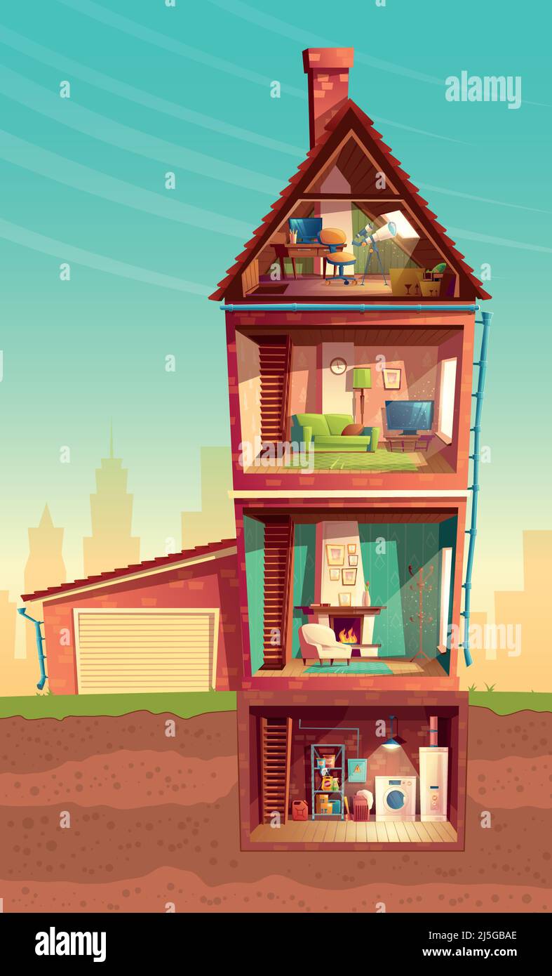 Vector dreistöckiges Haus im Querschnitt mit Keller und Garage. Cartoon mehrstöckiges privates Gebäude. Dachboden, Möbel im Wohnzimmer, so Stock Vektor