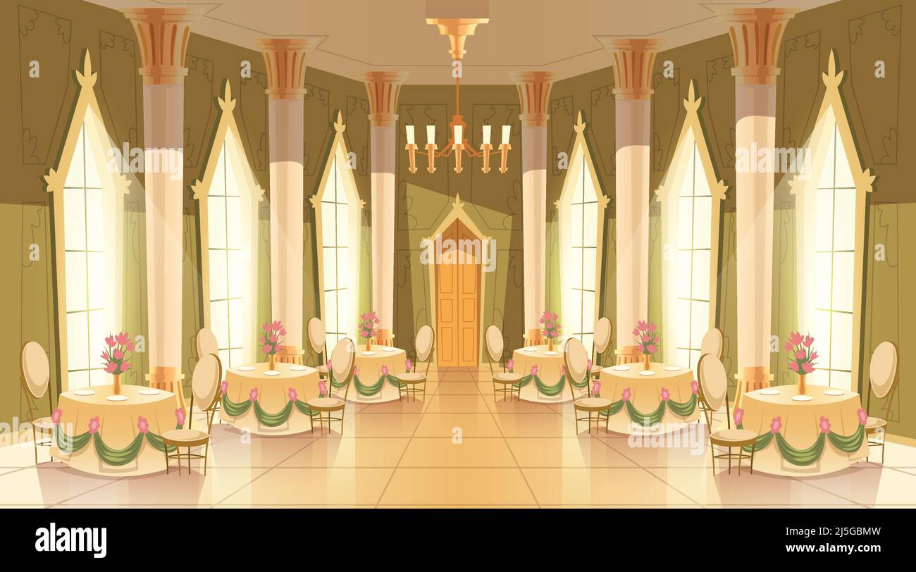 Vektor-Cartoon-Illustration von Schlosssaal, Ballsaal für Tanz, königliche Empfänge, Abendessen oder Bankette. Interieur von großen luxuriösen Zimmer mit Tanz Flo Stock Vektor