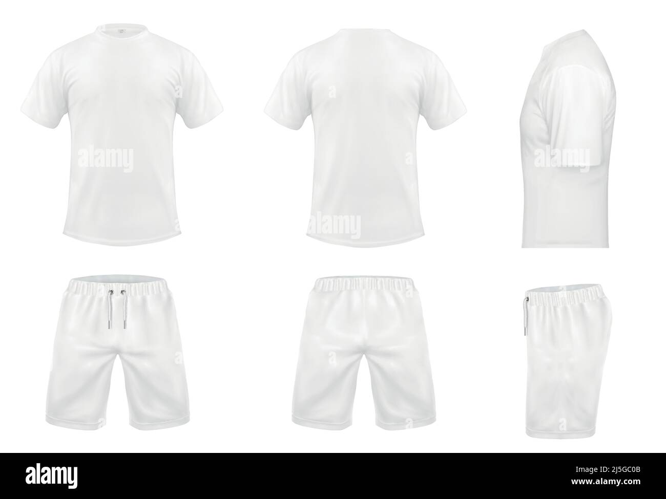 Vector realistische Set von weißen T-Shirts mit kurzen Ärmeln und Shorts, Sportbekleidung, Sportuniform für Fußball oder Rugby isoliert auf Hintergrund. Modell f Stock Vektor