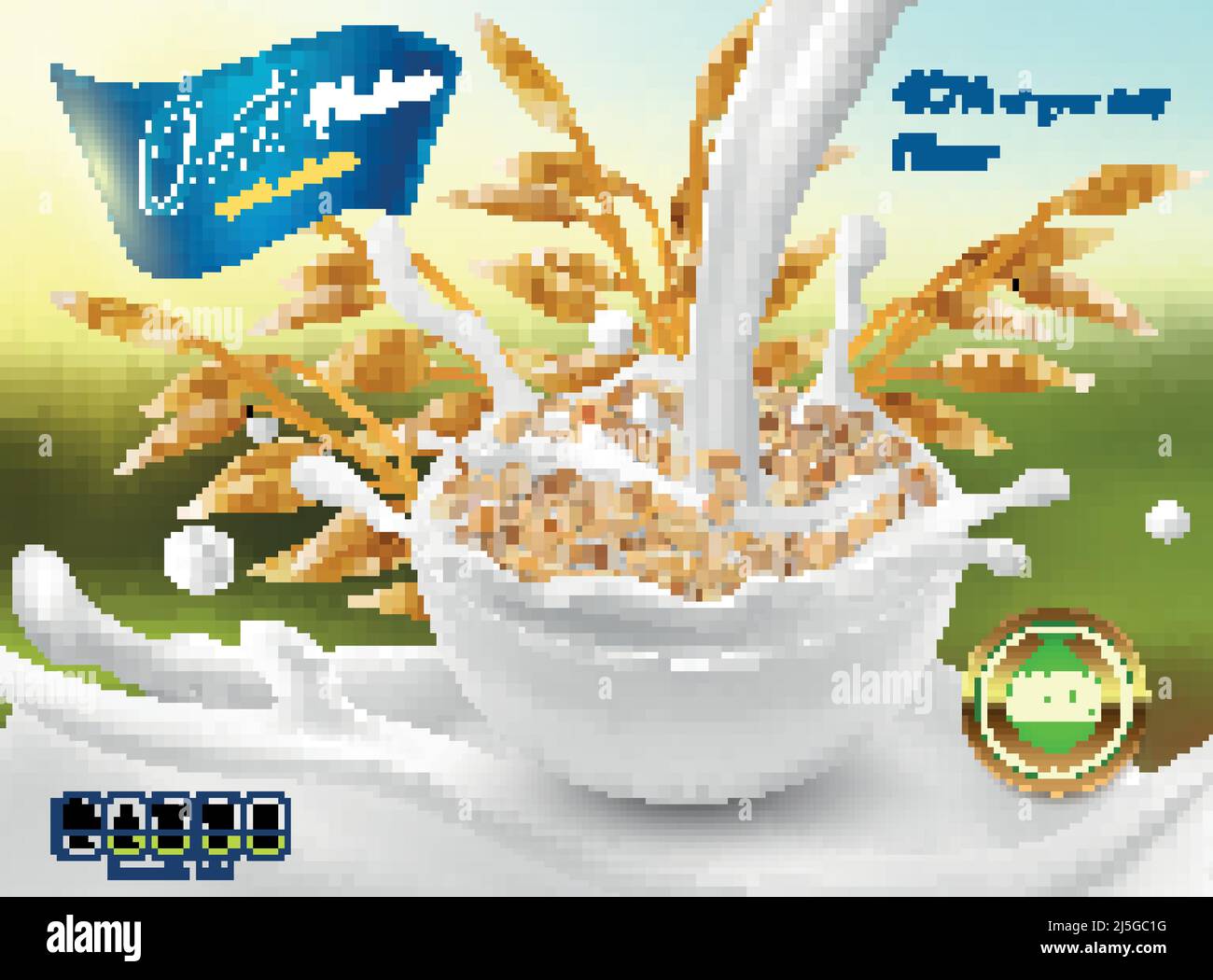 Vector 3D realistisches Promo Poster, Banner von Haferflocken. Getreideohren, Körner mit weißer Schale und Milchspritzern. Detaillierte Anlage für Verpackungsdesign. Stock Vektor