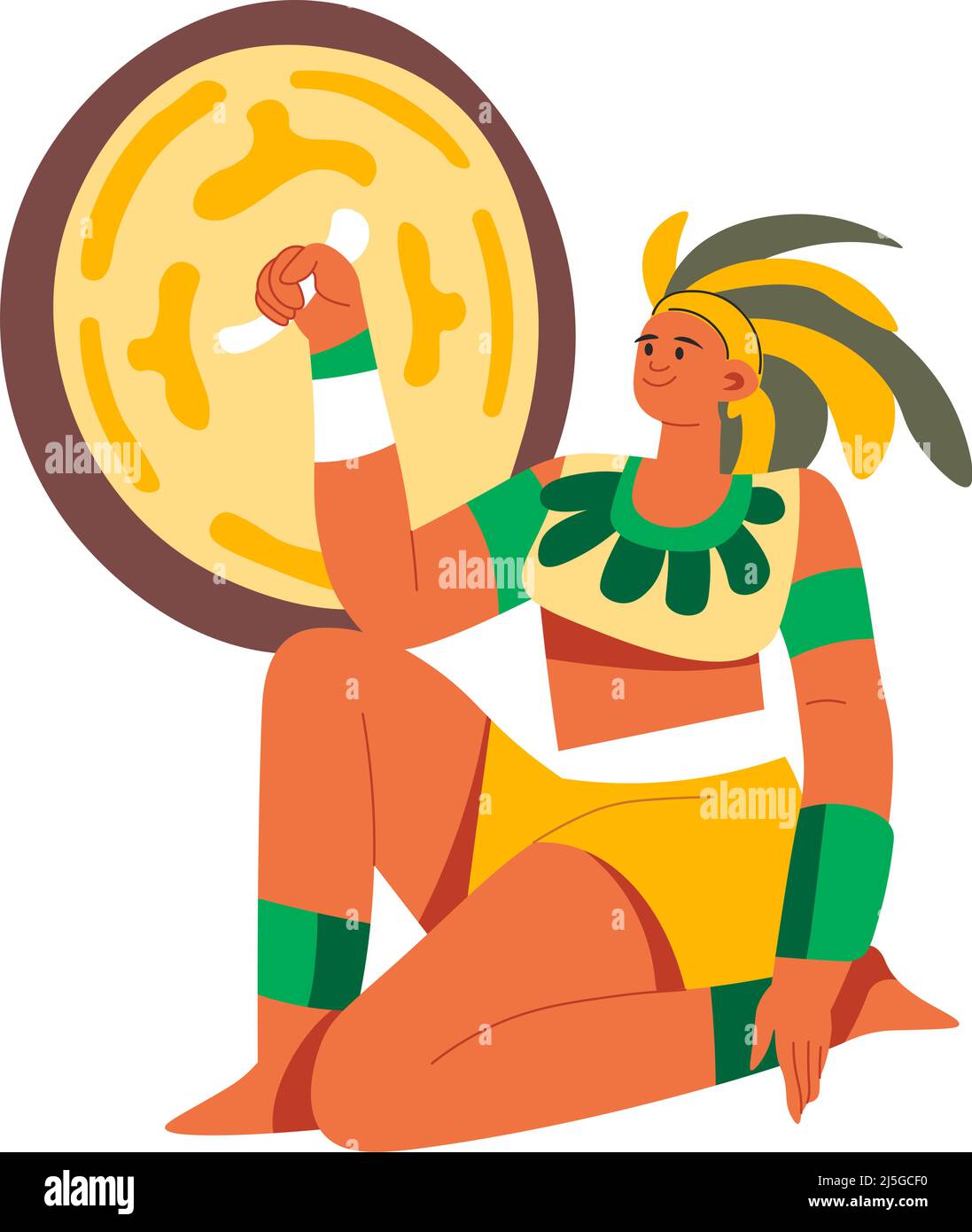 Azteken- oder maya-Kaiser oder -König, Herrscher der alten Zivilisation. Männlicher Charakter, der im Kampf oder im Kampf mit einem Schild schützt. Mann mit Kopfbedeckung verrückt Stock Vektor