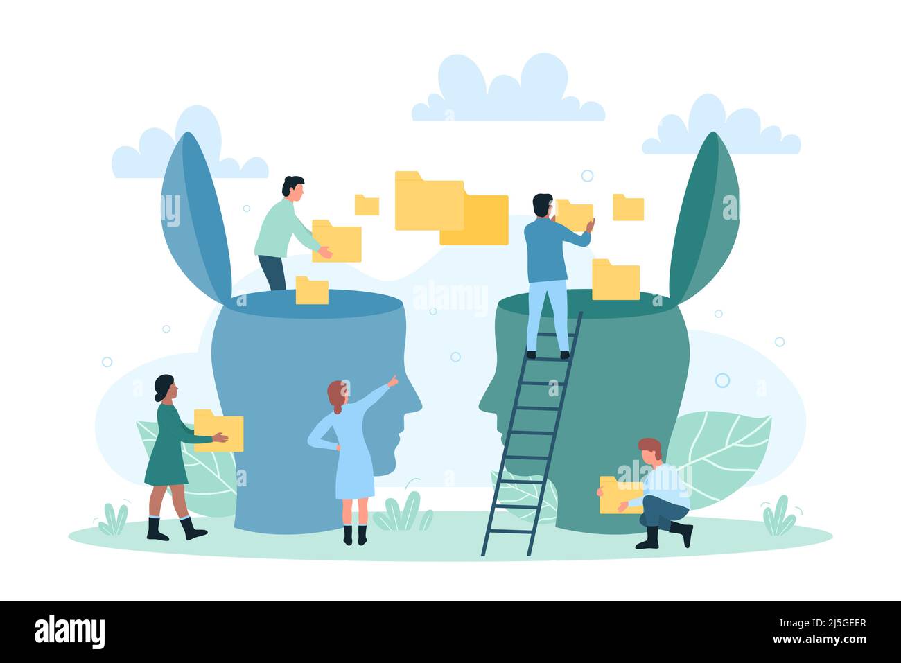 Transfer von Wissen, Fähigkeiten und Information, Kommunikation und Bildung. Cartoon Tiny People Coaching, Übertragung von Datenordnern von einem abstrakten menschlichen Kopf auf eine andere flache Vektor-Illustration Stock Vektor