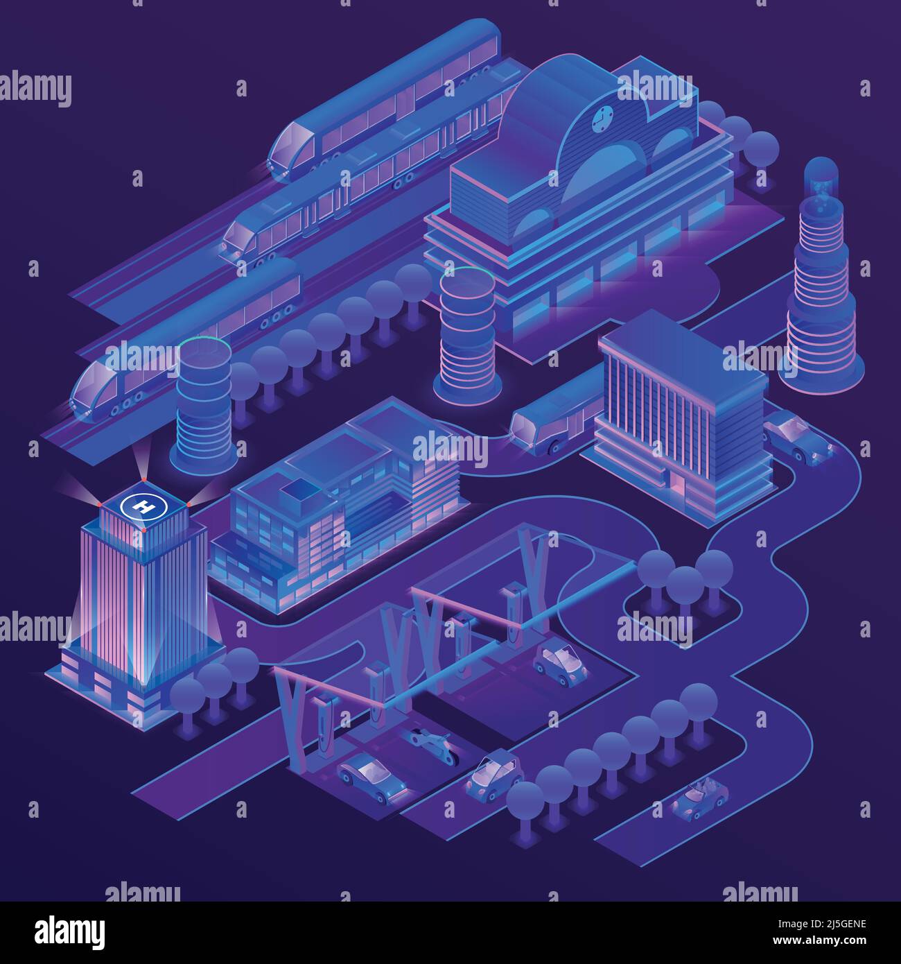 Vector 3D isometrische Stadt in ultravioletten Farben mit modernen Gebäuden, Wolkenkratzern, Bahnhof mit Zügen, Straßen mit Elektroautos. Stadtbild, Stock Vektor