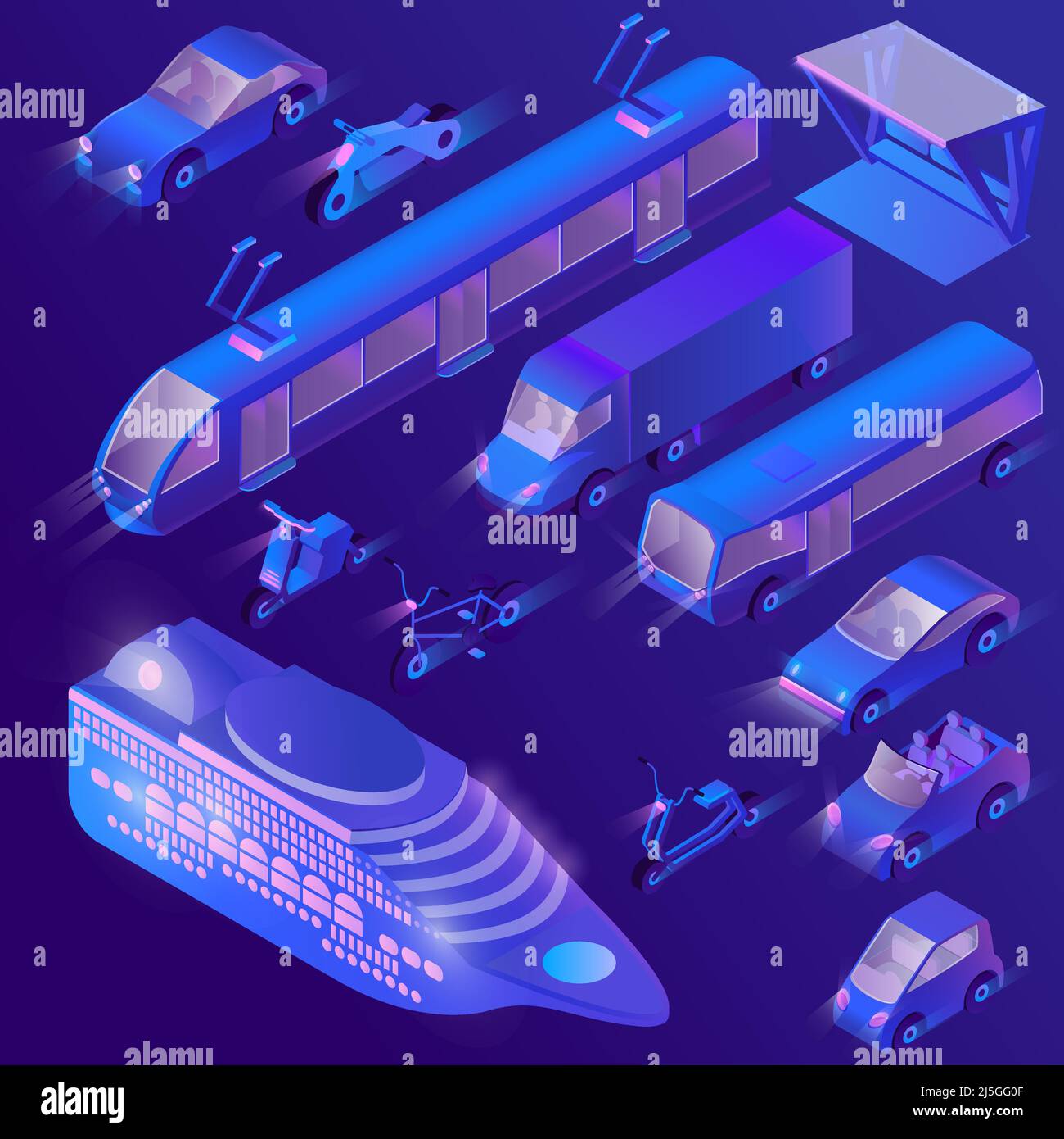 Vektor-Set von isometrischen violetten städtischen öffentlichen Verkehrsmitteln für den Personenverkehr. Private Autos, Kreuzfahrtdampfer und andere Verkehrsmittel in der Nacht. Collectio Stock Vektor