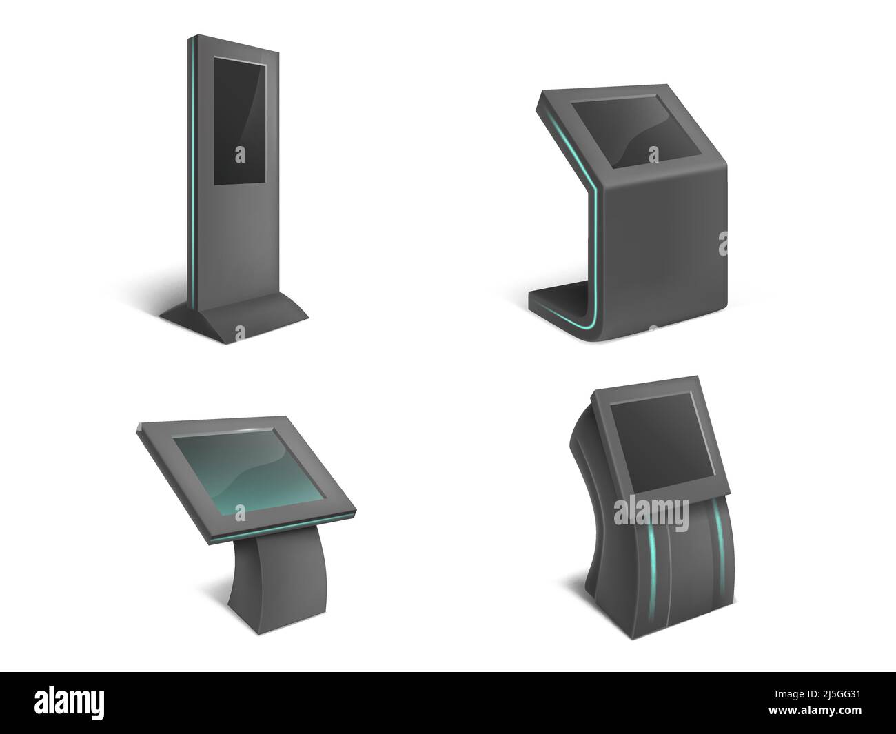 Vektor realistische Reihe von interaktiven Informationen Kiosk, schwarze Ständer mit leeren Touchscreen isoliert auf Hintergrund. Öffentliche Terminals für adve Stock Vektor