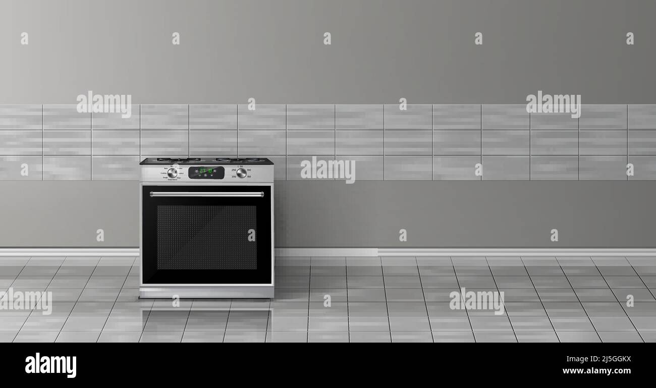 Vector 3D realistische Nachbau mit modernen silbernen Stahlofen isoliert auf grauen Fliesenwand. Smart-Gerät mit Display in der Küche, Hintergrund für Design. Stock Vektor
