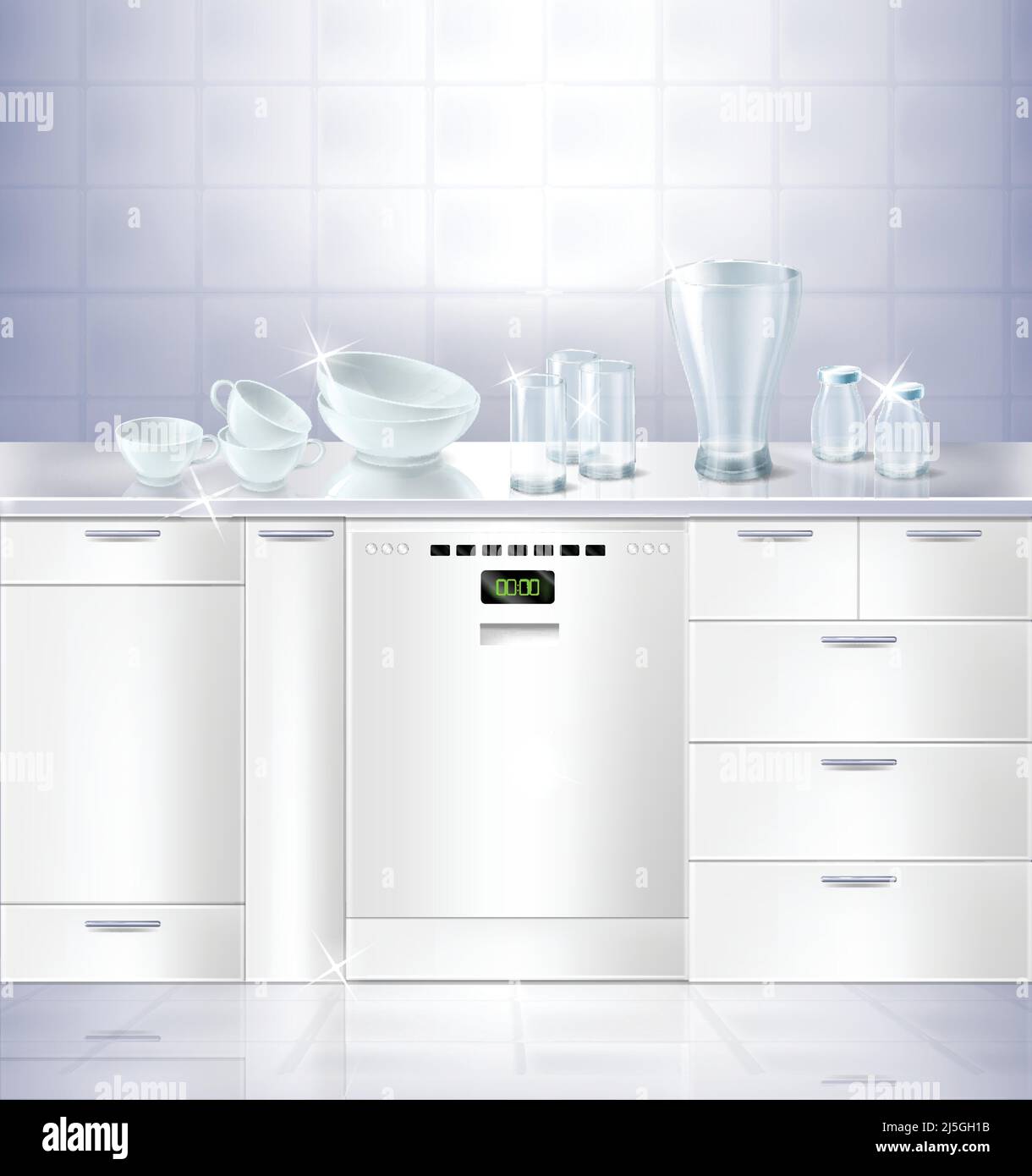 Vector 3D realistische Nachbau der Küche mit weißem sauberen Boden und Fliesenwand. Schrank mit eingebautem Geschirrspüler und sauberem Utensil, Geschirr Stock Vektor