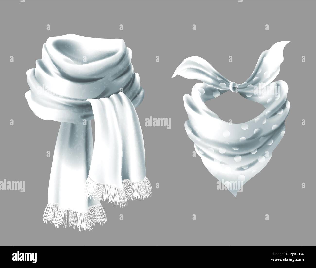 Vector 3D realistischer seidenweißer Schal. Stofftuch aus gepunktetem Nackentuch. Grau in weißen Erbsen Bandana, Oberbekleidung des westlichen Cowboys. Unisex-Zubehör ist Stock Vektor